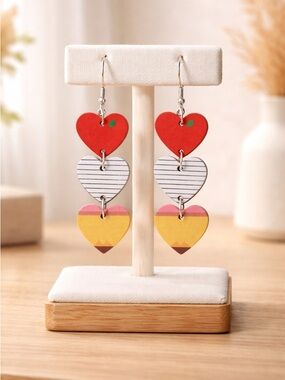 NWT Dangle Earrings Wood 3 Tier Hearts Teacher Education Pencil Paper Educator